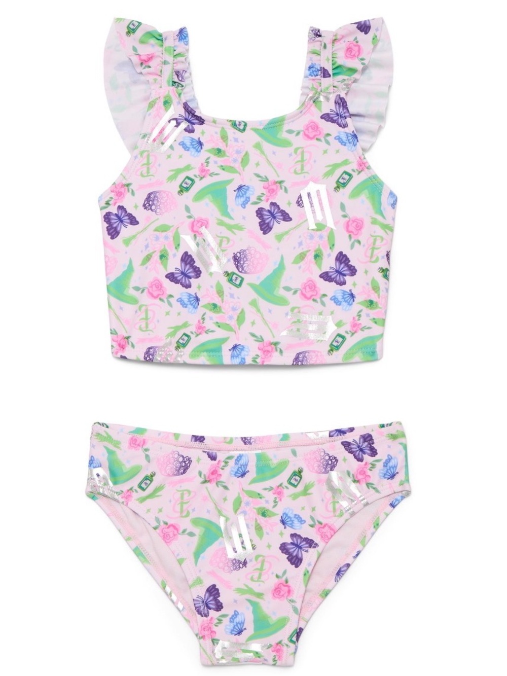 Girls' Pink Floral Ruffle-Shoulder Two-Piece Swim Set Wicked